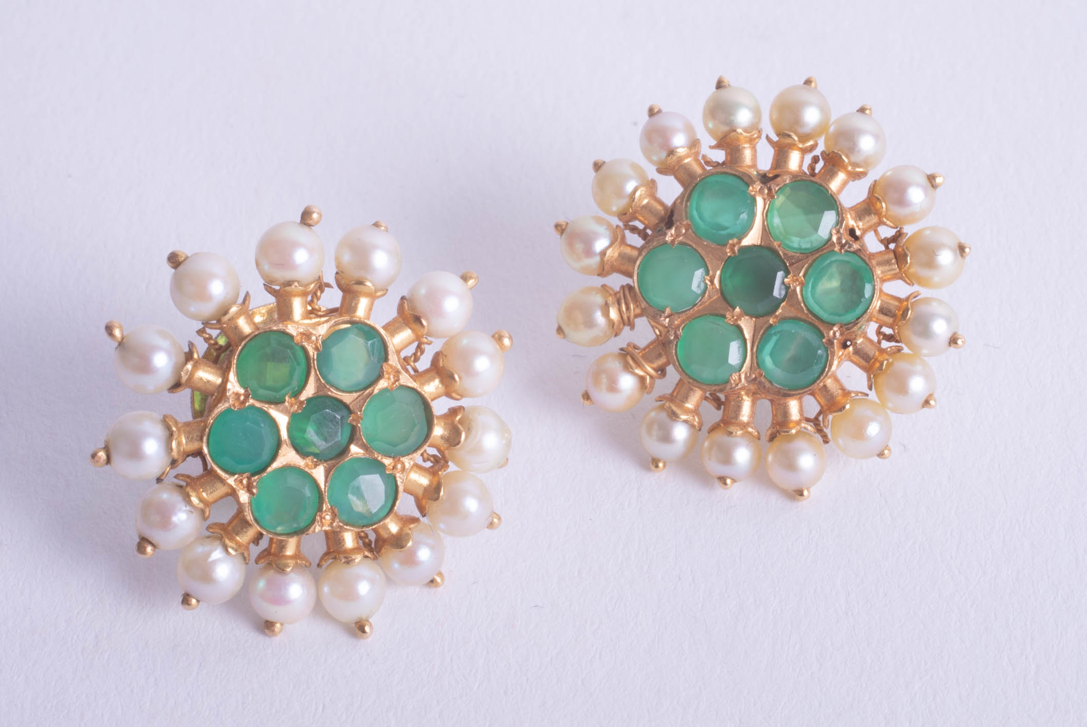 A pair of ornate Indian high carat gold emerald and pearl earrings. - Image 2 of 4