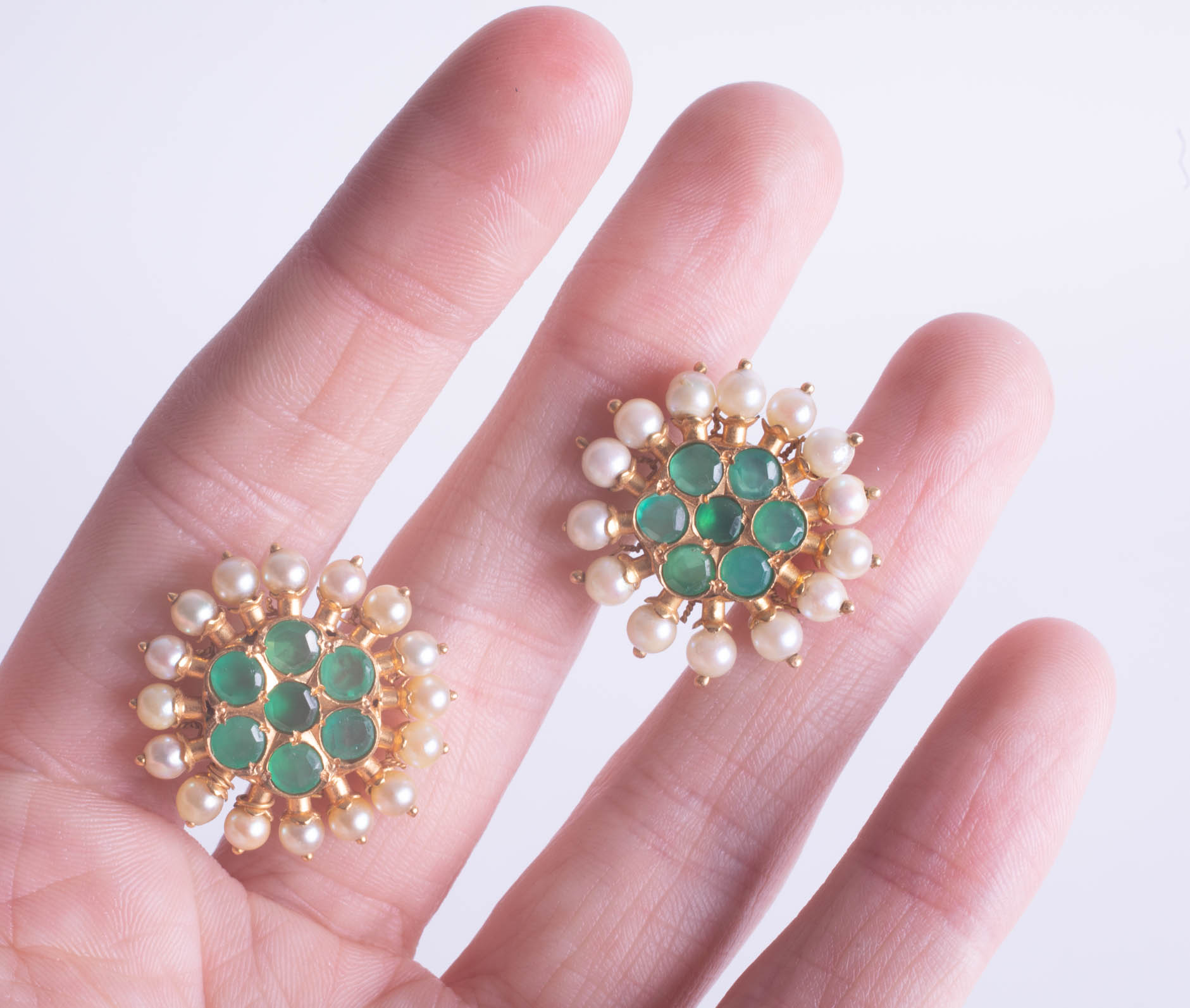 A pair of ornate Indian high carat gold emerald and pearl earrings. - Image 3 of 4