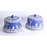 Two similar blue Jasper cylindrical cheese domes and stands, perhaps Dudson, late 19th century,
