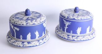 Two similar blue Jasper cylindrical cheese domes and stands, perhaps Dudson, late 19th century,