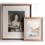 Early 20th century portrait print by Raphael Tuck together with a F.M Minns, 1923 watercolour of a
