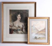 Early 20th century portrait print by Raphael Tuck together with a F.M Minns, 1923 watercolour of a