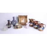 Royal Doulton pottery jug, 3 copper lustre jugs, Worcester bud vase, small portrait in gilt frame