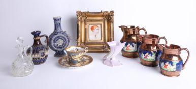 Royal Doulton pottery jug, 3 copper lustre jugs, Worcester bud vase, small portrait in gilt frame