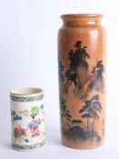 Chinese bamboo brush pot height 24cm together with a Chinese? earthenware and decorated brush pot