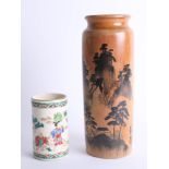 Chinese bamboo brush pot height 24cm together with a Chinese? earthenware and decorated brush pot