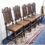 Five Victorian carved oak dining chairs.