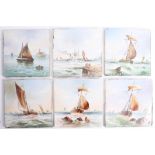 Six Victorian fireplace tiles each painted with a Marine scene, 6 inches.