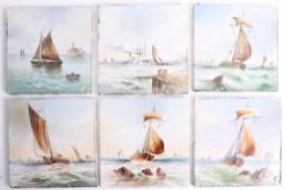 Six Victorian fireplace tiles each painted with a Marine scene, 6 inches.