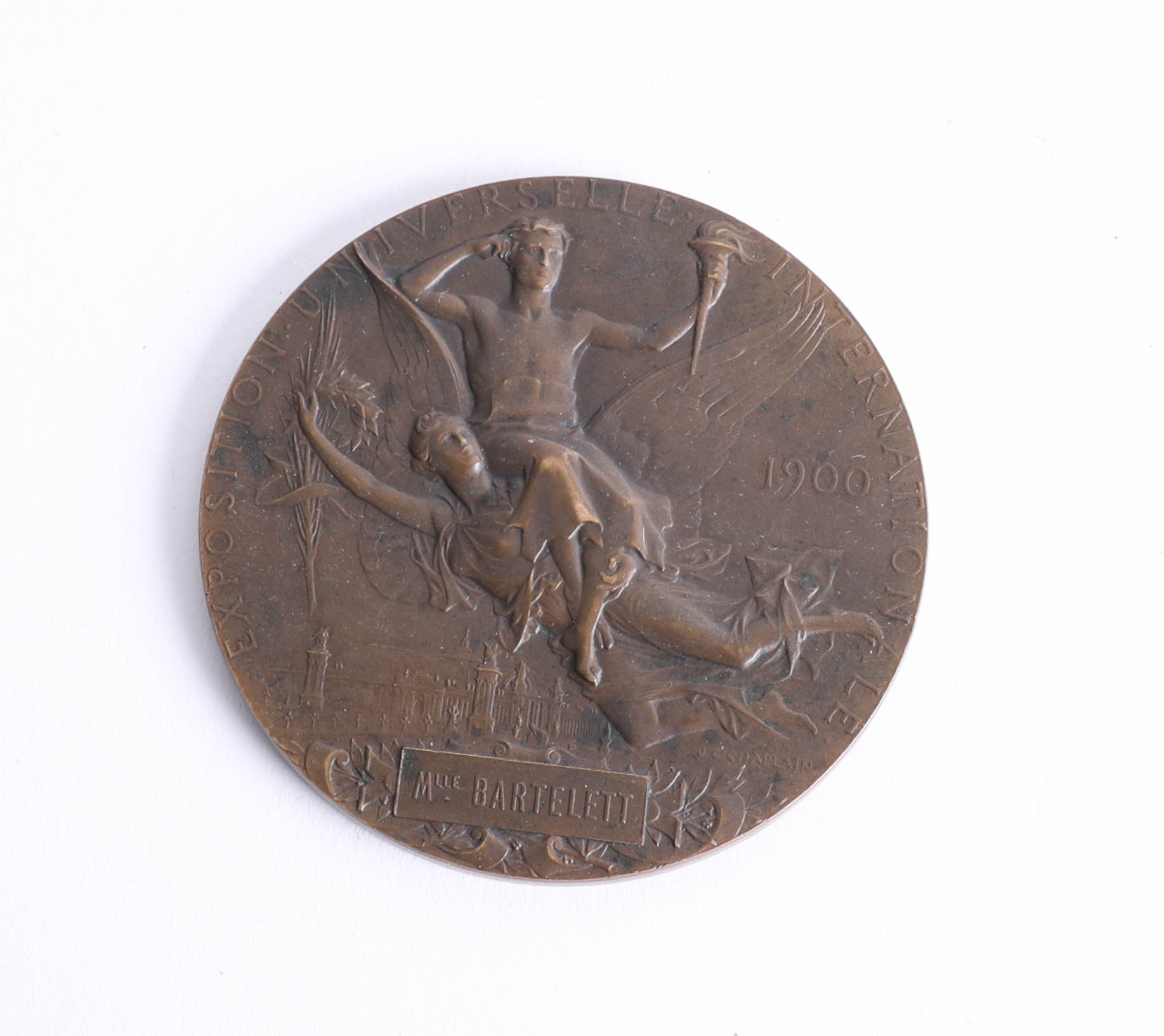 1900 Olympic Games France, a bronze medallion, 1900 marked 'MLLE. Bartelett', Exposition Universal