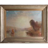 Oil on canvas in the manner of Turner, label to verso, 'Shipping at Cowes' after Turner (Tate