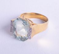 Large aquamarine and diamond set ring marked '585', set in yellow gold (purchased new Sri Lanka)