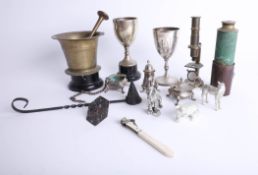 Various items including bone handled cigar cutter, mortar and pestle EP Cutts miniature