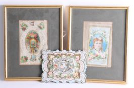 Three Victorian Valentine Romantic greetings cards two framed.