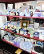 A large collection of more than 60 items of Wedgwood Jasperware, mostly blue also some green, dark