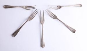 Five 19th century London silver 3 pronged table forks, approx 12.50oz.