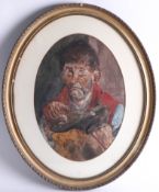 Watercolour in oval mount of a cobbler early 20th century, framed and glazed, not signed, oval