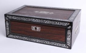 A 19th century rosewood and mother of pearl writing slope (lacks lock) having brass recess