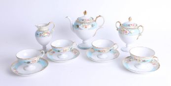 Noritake tea set to include teapot, sugar bowl, milk jug, four saucers and four teacups.
