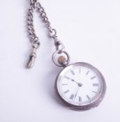 Victorian silver cased fob watch (with keyless Swiss movement) together with a silver guard chain.