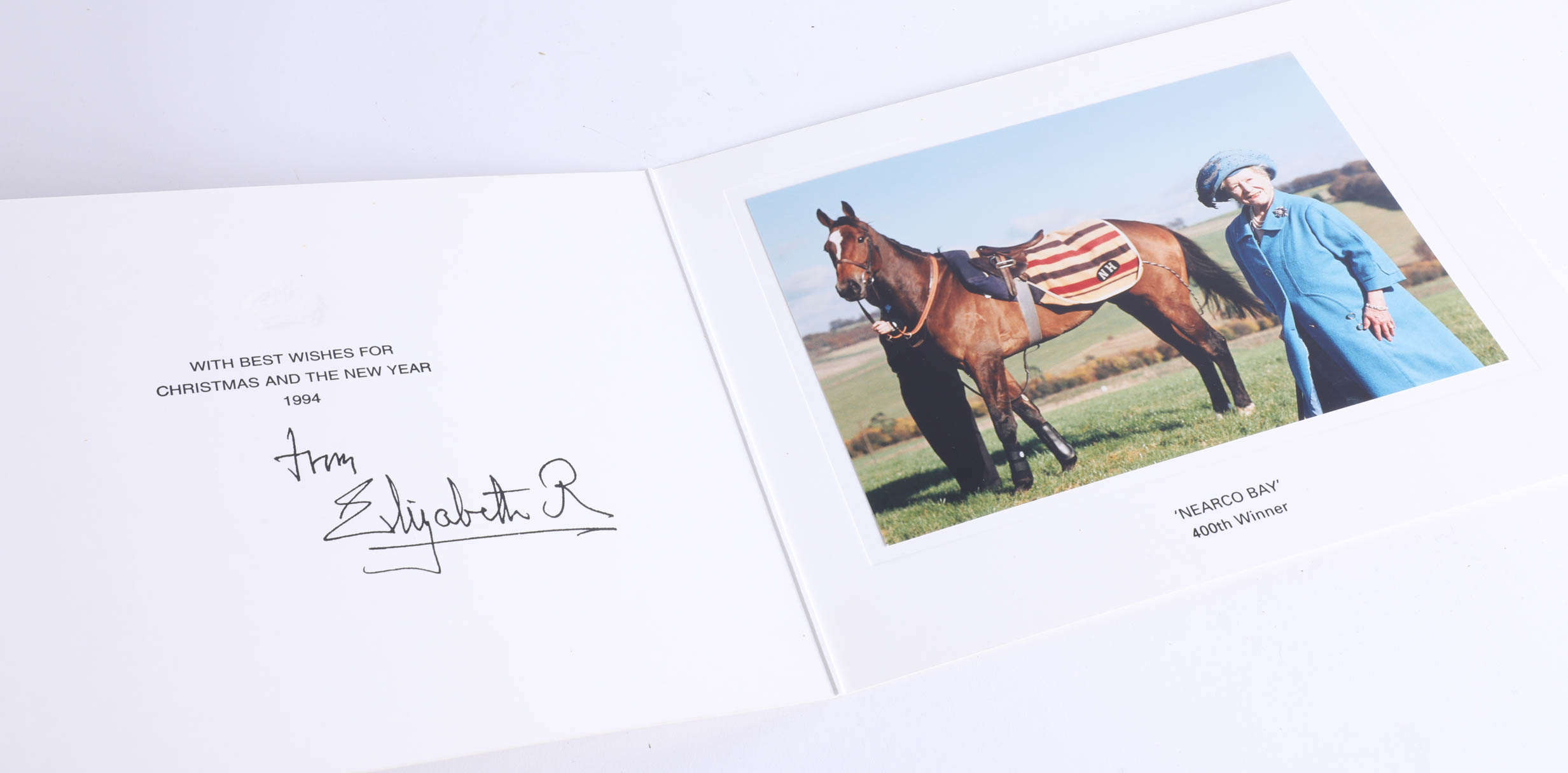 Christmas card 1994 from Queen Elizabeth the Queen Mother with photograph with 'Nearco Bay.'