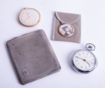 A silver cigarette case, Smiths pocket watch, Oris Art Deco pocket watch and a gold case portrait
