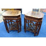 A pair of Chinese carved rosewood low tables, height 46cm, width 38cm.