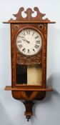 Victorian wall clock with mahogany and parquetry inlaid case, probably American Ansonia with key and