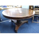 A 19th century circular, rosewood, tilt top, pedestal table, height 74cm, diameter 132cm.