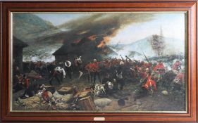 A reproduction print of Rorkes Drift, S. Africa 1879, overall size 68cm x 92cm, this art work is