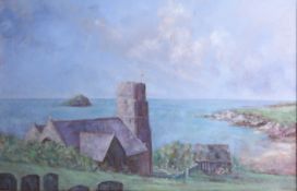 The late Chris Deakin R.A. 'Wembury Church' oil on canvas, framed, 48cm x 70cm.