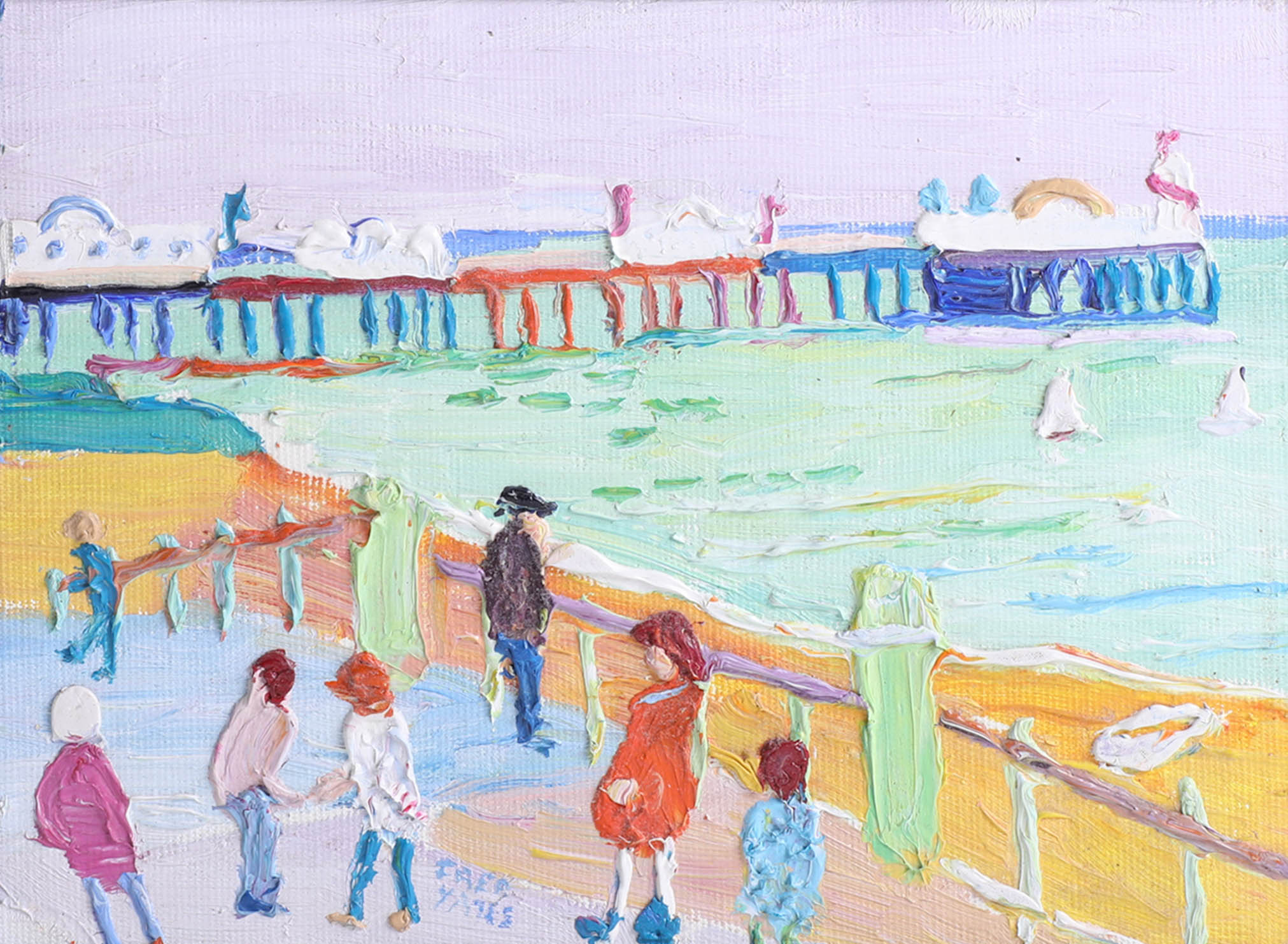 Fred Yates (1922-2008) oil on board 'Figures on a Pier' signed, framed, 15x20cm - Image 2 of 4