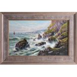 Mc Hider, signed oil on canvas 'Bedruthen Steps', Cornwall, framed, 31cm x 51cm.