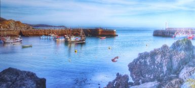 A screen-print on canvas, 'Harbour scene', 46cm x 102cm this art work is being sold on behalf of The