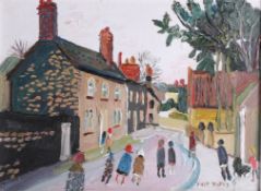 Fred YATES (1922-2008) 'Figures in a Village Street' oil, signed, pencil inscription verso 'Frome,