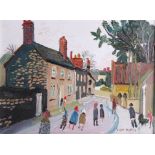 Fred YATES (1922-2008) 'Figures in a Village Street' oil, signed, pencil inscription verso 'Frome,