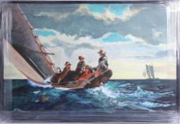 Phil Russell, acrylic on canvas, 'Breezing Up', in the style of Winslow Homer framed 50cm x 76cm.