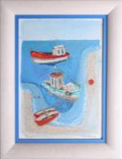 Dawn Harvey (DM) 'Swinging at anchor', original mixed media, framed, 53cm x 36cm.