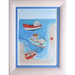 Dawn Harvey (DM) 'Swinging at anchor', original mixed media, framed, 53cm x 36cm.