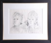 Robert Lenkiewicz, pencil drawing, 1970's 'Portrait of two children', signed, framed and glazed,