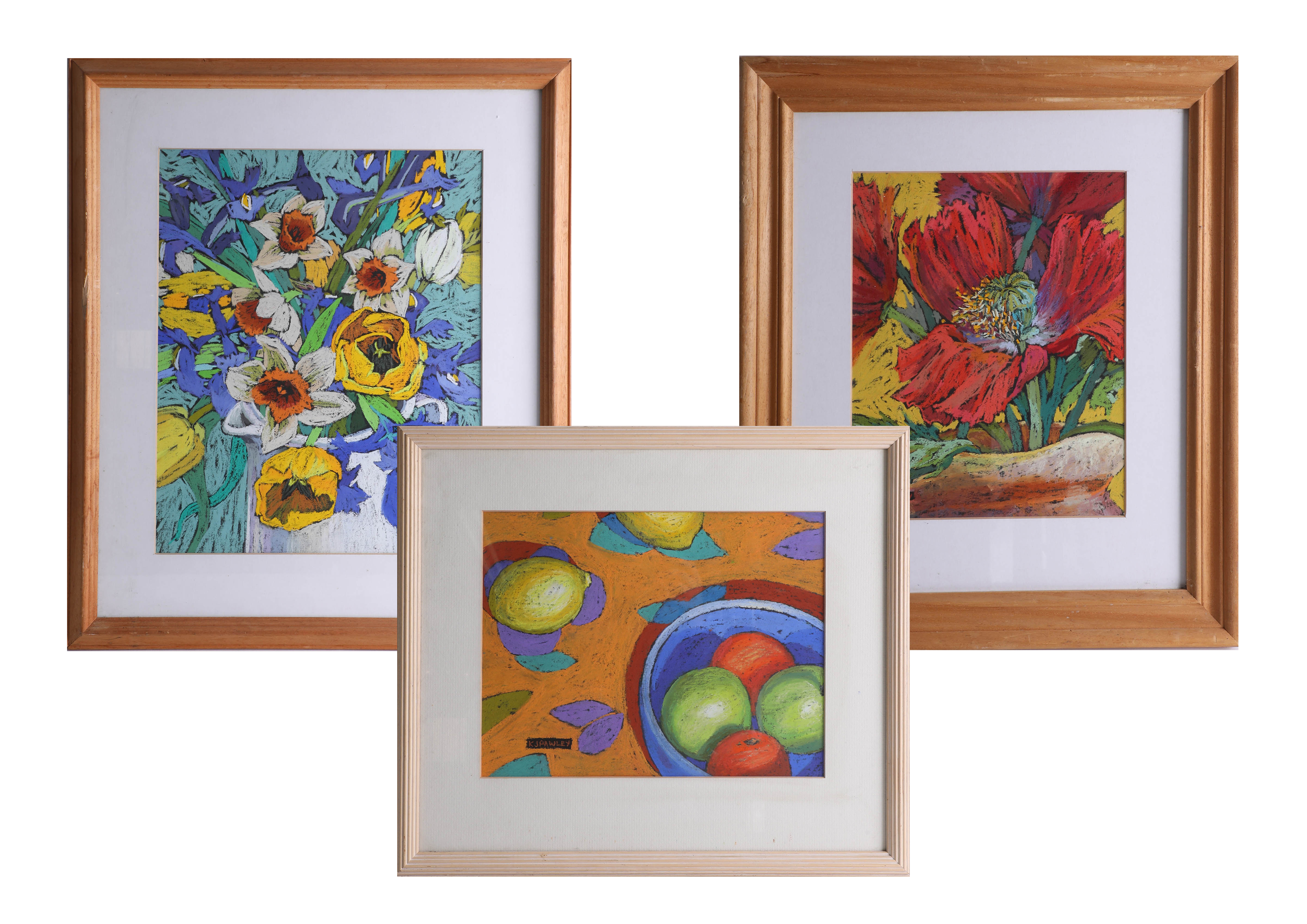 Three Karen J Pawley pastels of Flowers and Still Life, largest 45cm x 37cm (3).