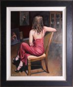 M.J.Leighton 'Portrait of a woman, rear view, seated', oil on canvas, signed, framed 76cm x 60cm.
