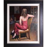 M.J.Leighton 'Portrait of a woman, rear view, seated', oil on canvas, signed, framed 76cm x 60cm.