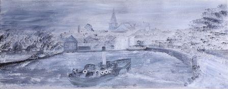 R.Warnes, Tug Boat oil on canvas signed 20cm x 51cm