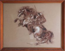 Umberto Romano, pastel and charcoal horse with rider signed, framed and glazed, 55 x 63cm.