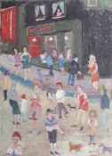 Fred Yates (1922-2008) oil on board, 'Street Scene', signed and titled on the reverse, not framed,