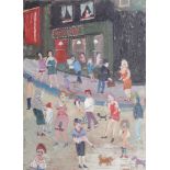 Fred Yates (1922-2008) oil on board, 'Street Scene', signed and titled on the reverse, not framed,