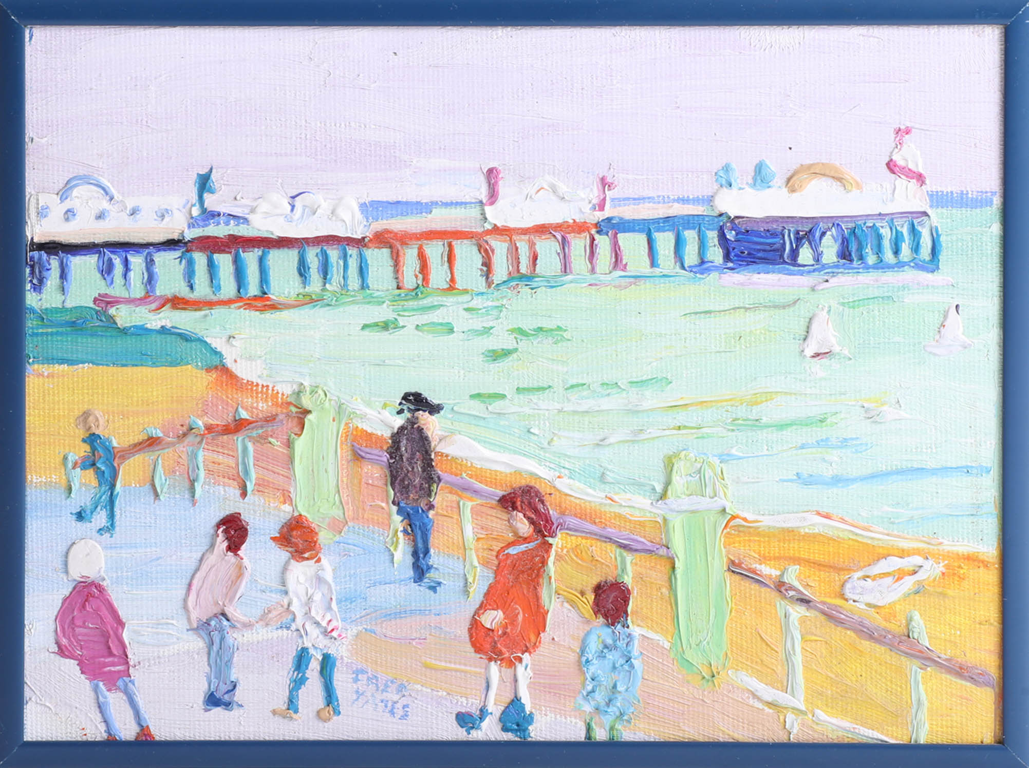 Fred Yates (1922-2008) oil on board 'Figures on a Pier' signed, framed, 15x20cm