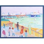 Fred Yates (1922-2008) oil on board 'Figures on a Pier' signed, framed, 15x20cm