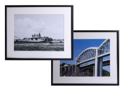 Two original photographs of Brunel Bridge and L12 frigate, both framed and glazed, 28cm x 39cm these